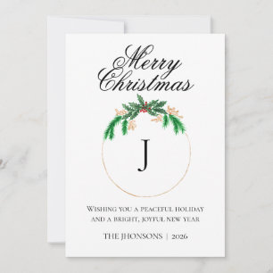 Photo Merry Christmas Burgundy Wreath Monogram Thank You Card