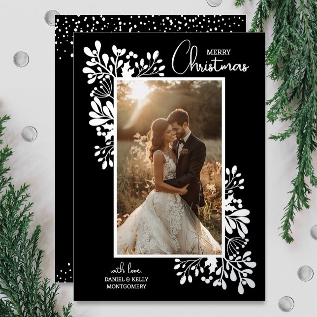 Photo Merry Christmas Greenery Silver  (Your photo on Merry Christmas real silver foil foliage holiday cards, Gold and Rose Gold, too!)