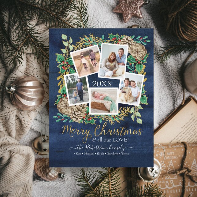 PHOTO Merry Christmas Greenery Wreath Navy Wood Holiday Card (Creator Uploaded)
