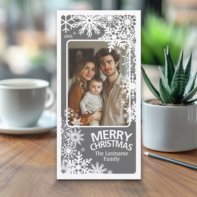 Photo - Merry Christmas - Grey Snowflakes Holiday Card (Classic Christmas Photo Card)