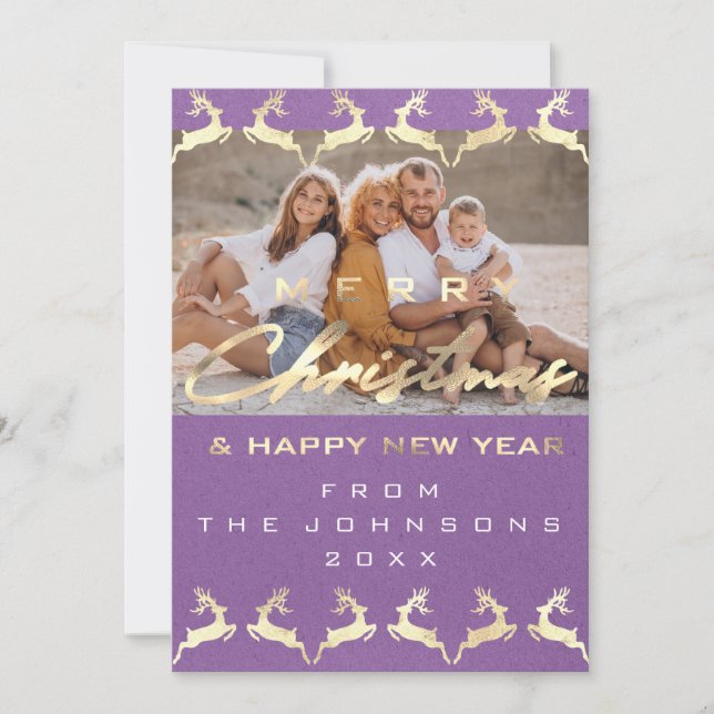 Photo Merry Christmas Happy Deer Gold Purple Holiday Card (Front)