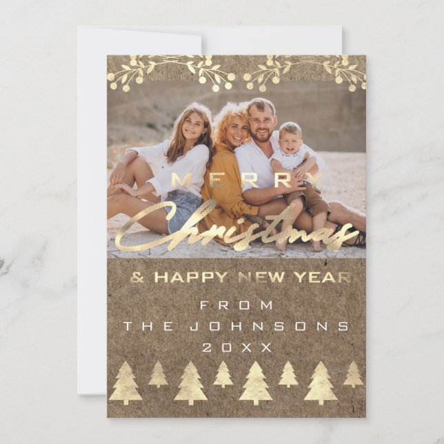 Photo Merry Christmas Happy New Year Kraft Gold Holiday Card (Front)