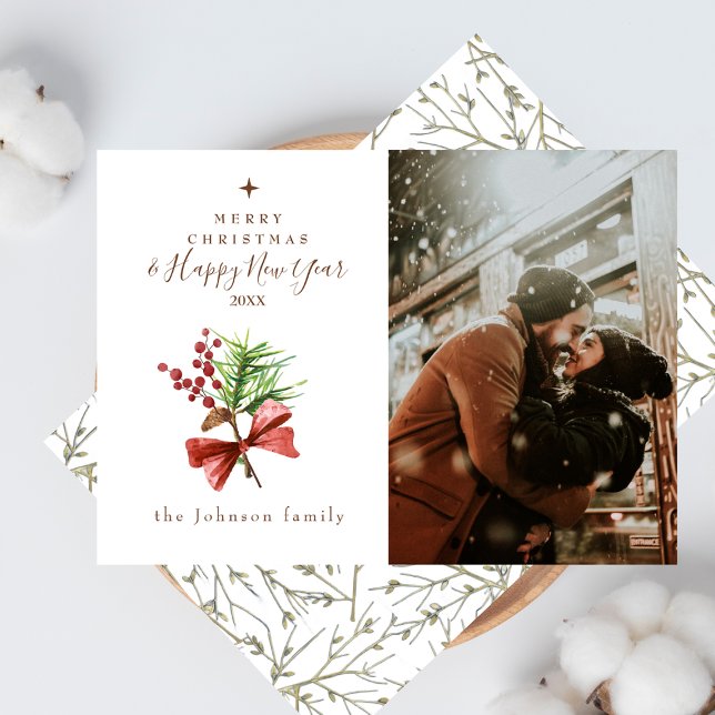 Photo Merry Christmas Pine Berries Elegant Holiday Card (Creator Uploaded)