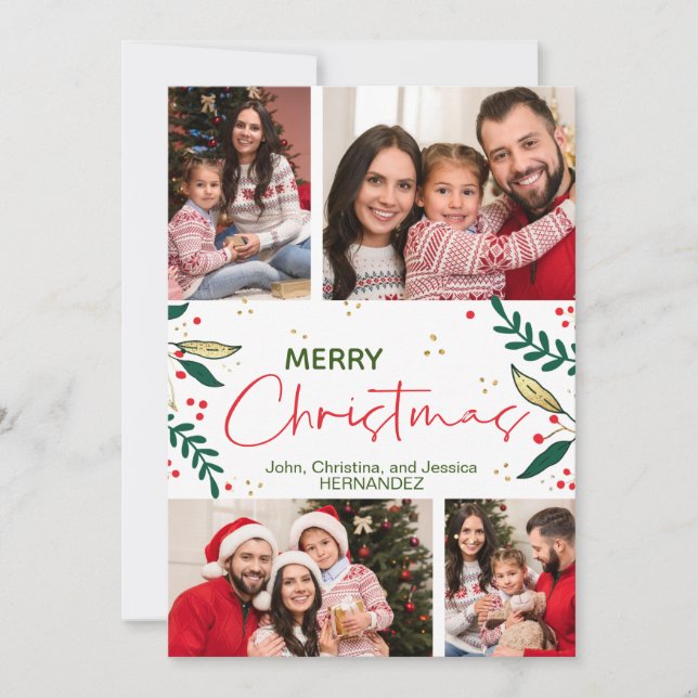 Photo Merry Christmas Red Green Gold Greenery Holiday Card (Front)