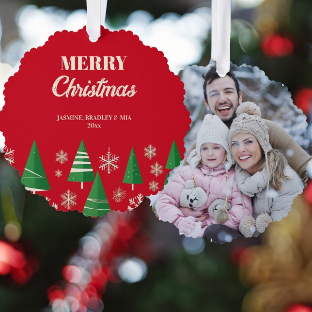 Photo Merry Christmas red green retro trees Tree Decoration Card (Photo Merry Christmas red green retro trees Ornament greeting Card modern photo Christmas greetings)