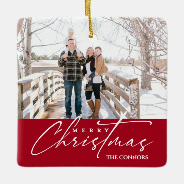 Photo Merry Christmas Script Calligraphy Family  Ceramic Ornament (Front)