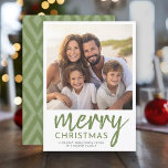 Photo Merry Christmas Script - Minimal Green Holiday Card<br><div class="desc">Use one picture and make a unique and trendy Merry Christmas greeting with a bright and joyful tribal pattern on the back. If you need to move anything around,  click on the customise button to make changes.</div>