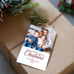 Photo Merry Christmas Watercolor Botanical Gift Tags