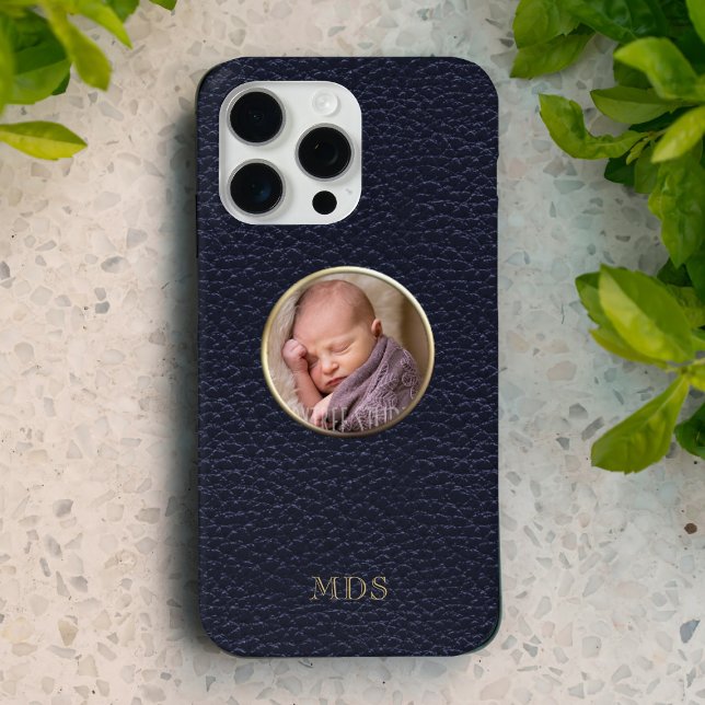 Photo Midnight Blue Faux Leather Modern Monogram Case-Mate iPhone Case (Just add your photo and initials)