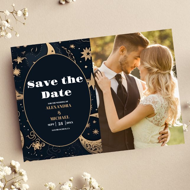 Photo Midnight Blue Gold Celestial Wedding Save The Date (Creator Uploaded)