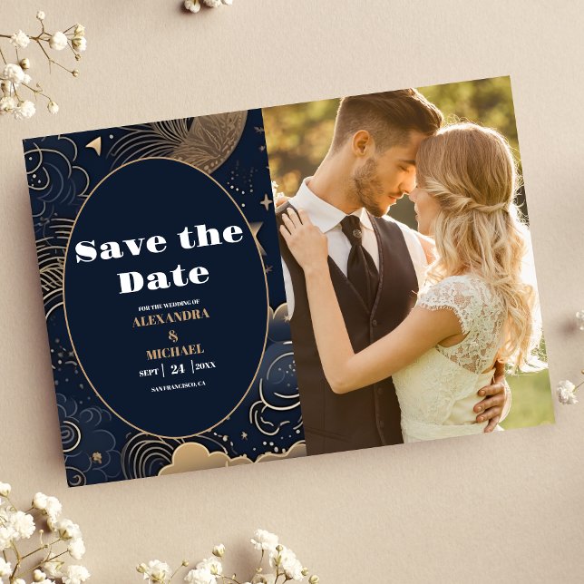 Photo Midnight Blue Gold Celestial Wedding Save The Date (Creator Uploaded)