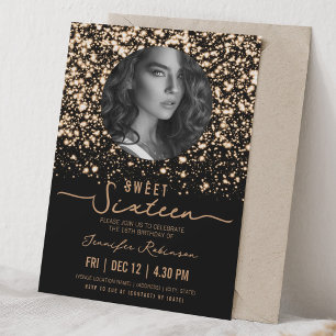PHOTO Midnight Glam Sweet 16 Birthday Gold Invitation
