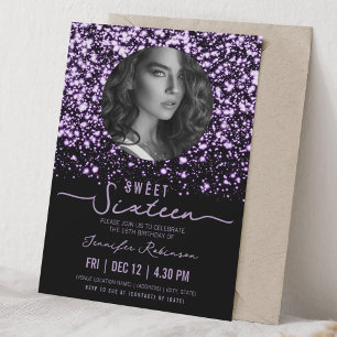 PHOTO Midnight Glam Sweet 16 Birthday Purple  Invitation
