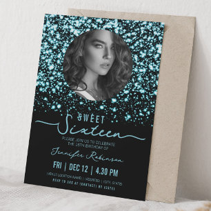 PHOTO Midnight Glam Sweet 16 Birthday Turquoise  Invitation