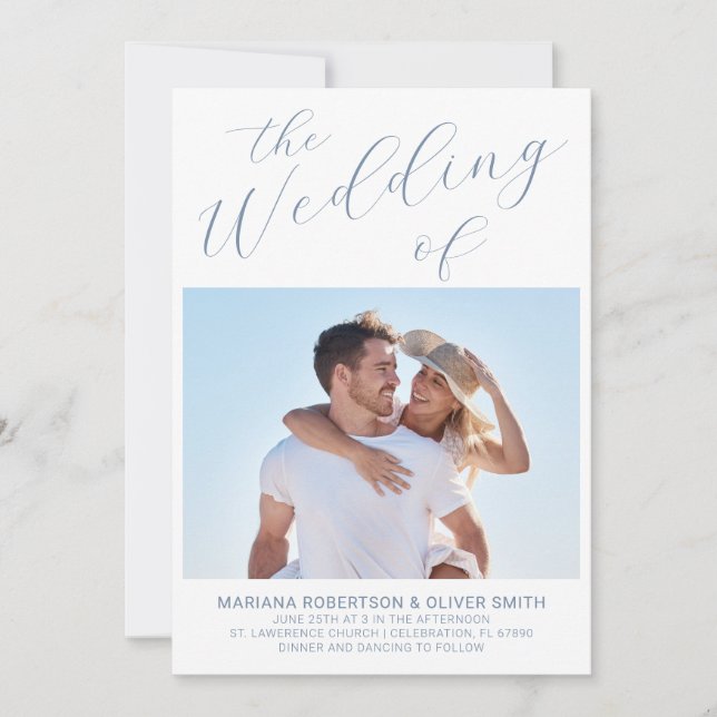 Photo Minimalist Dusty Blue Script Wedding Invitation (Front)
