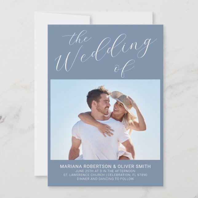Photo Minimalist Dusty Blue Script Wedding Invitation (Front)