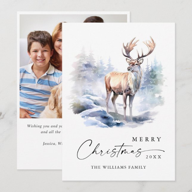 PHOTO Minimalist Elegant Deer Christmas Holiday Card (Front/Back)