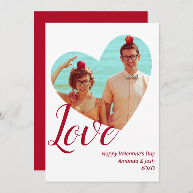 Photo Minimalist Love Heart Red Valentine’s Day Holiday Card (Front/Back)