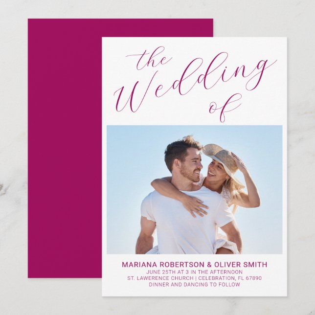 Photo Minimalist Magenta Script Wedding Invitation (Front/Back)