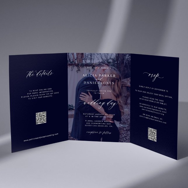 Photo minimalist midnight blue wedding all in one Tri-Fold announcement (Creator Uploaded)