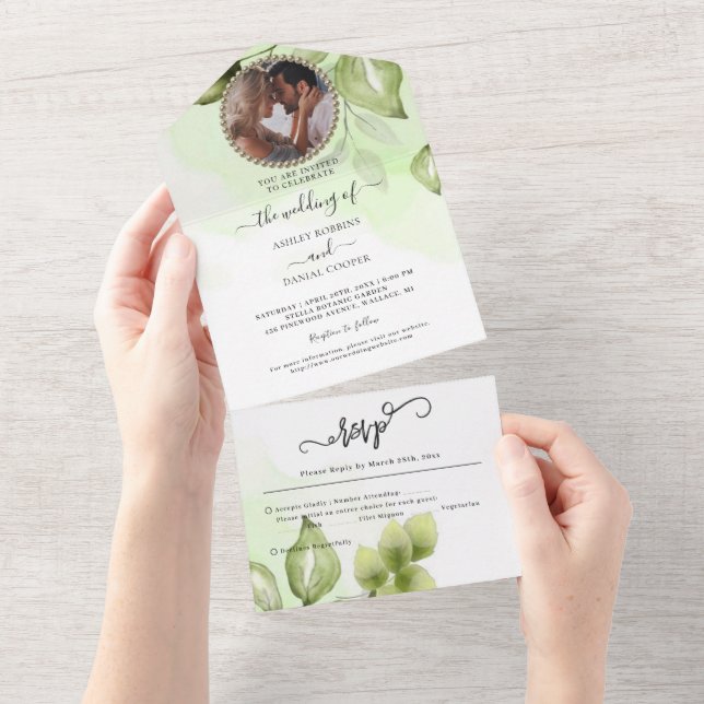 Photo Minimalistic Greenery Foliage Wedding All In One Invitation (Tearaway)
