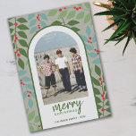 Photo modern arch - eucalyptus branches Christmas Holiday Card<br><div class="desc">A modern Merry Christmas photo card in taupe, green, red and white. The photo are is a mod arch with a coloured border. The modern design includes eucalyptus branches and berries and sans serif type for the main part of the text. The greeting is in a rustic modern script. The...</div>