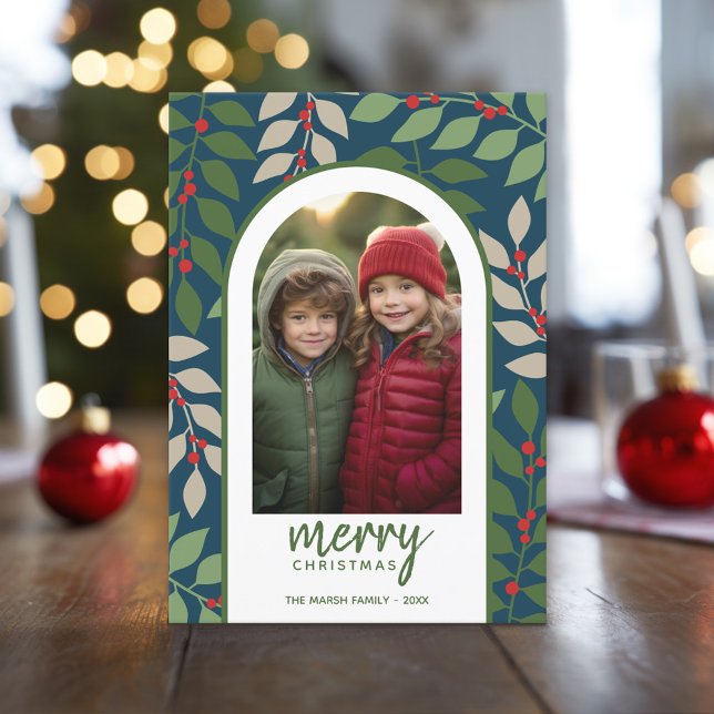 Photo modern arch - eucalyptus branches Christmas Holiday Card (Christmas Photo Card)