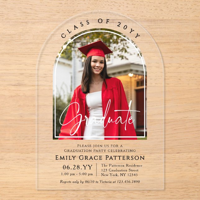 Photo Modern Arch Graduate Script Graduation Party Acrylic Invitations (Front)