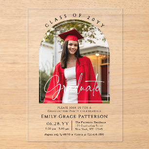 Photo Modern Arch Graduate Script Graduation Party Acrylic Invitations