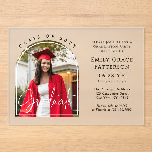 Photo Modern Arch Graduate Script Graduation Party Acrylic Invitations