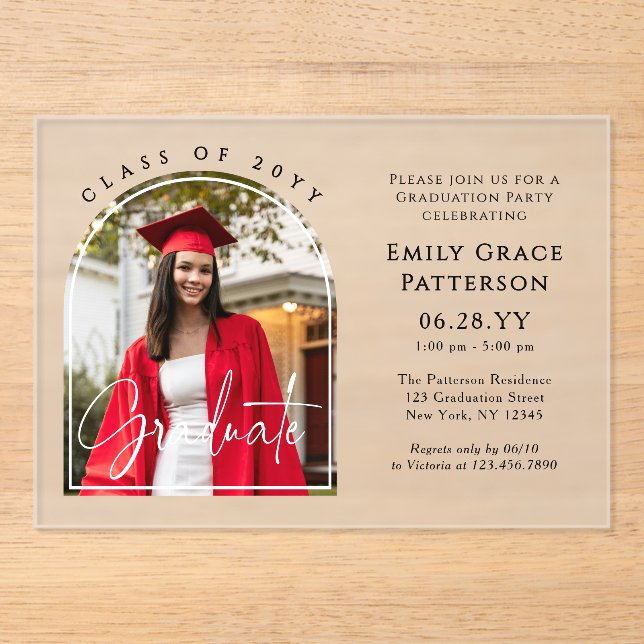 Photo Modern Arch Graduate Script Graduation Party Acrylic Invitations (Front)