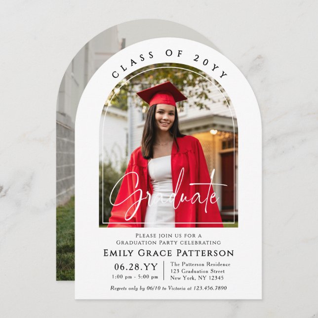 Photo Modern Arch Graduate Script Graduation Party Invitation (Front/Back)