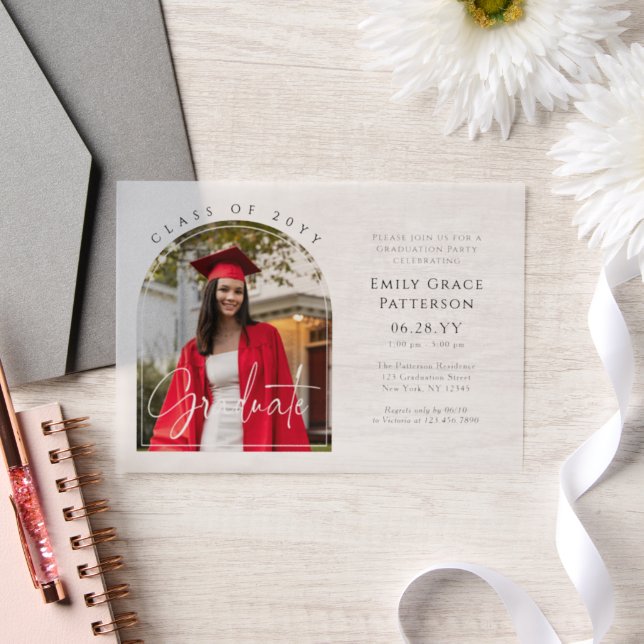 Photo Modern Arch Graduate Script Graduation Party Vellum Invitations (Wedding)