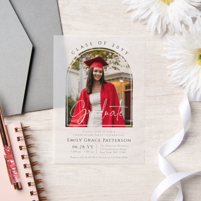Photo Modern Arch Graduate Script Graduation Party Vellum Invitations (Wedding)