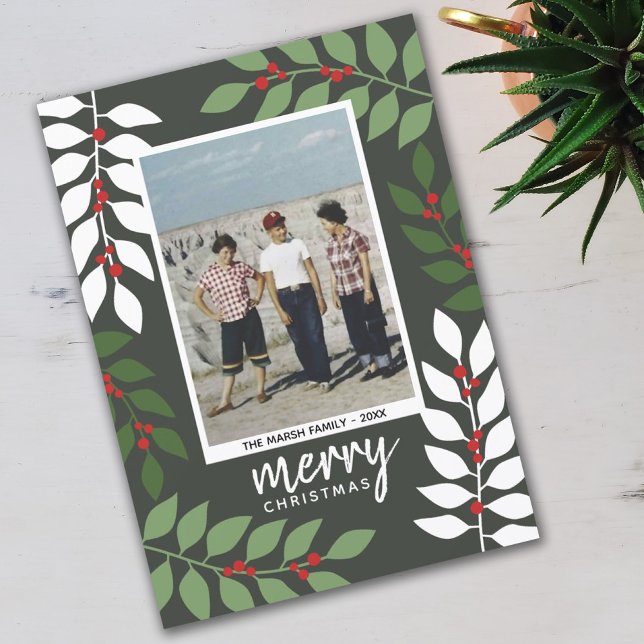 Photo modern berries eucalyptus branches Christmas Holiday Card (Creator Uploaded)
