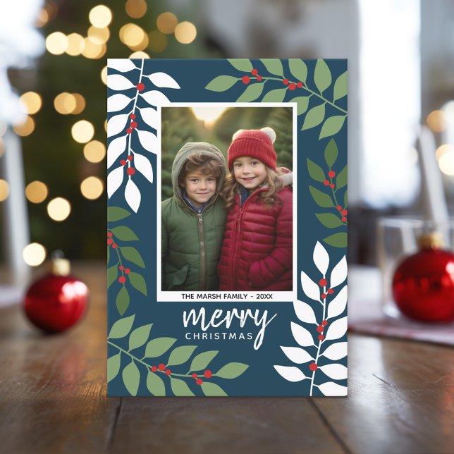 Photo modern berries eucalyptus branches Christmas Holiday Card (Christmas Photo Card)