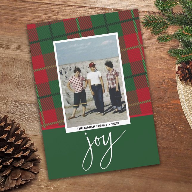 Photo modern berries joy Christmas red green plaid Holiday Card (Creator Uploaded)