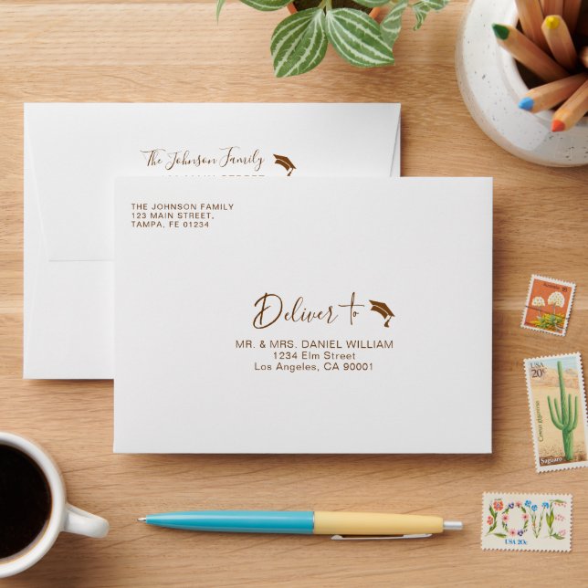 Photo Modern Boho Floral Script Graduation Envelope (Desk)