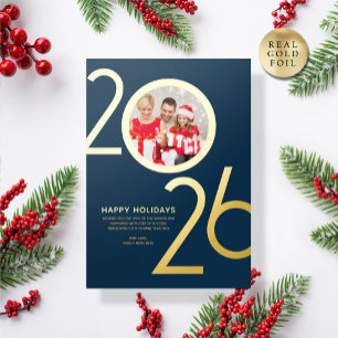 Photo Modern Bold Navy Blue 2026 Holiday Gold Card