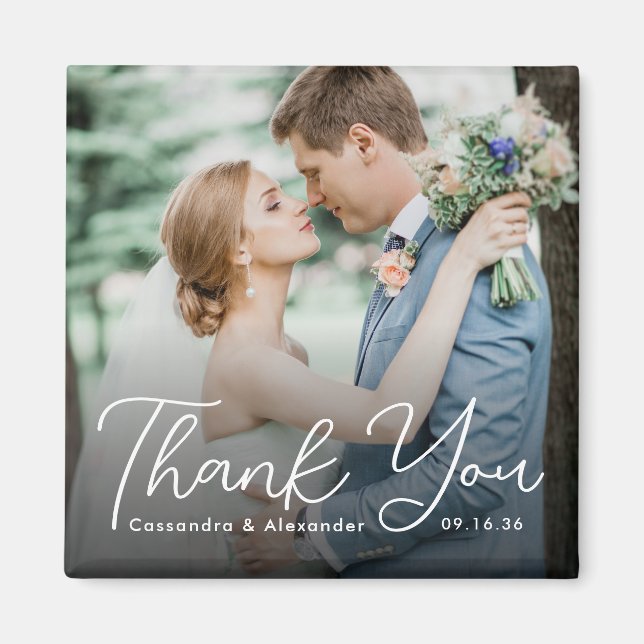 Photo Modern Bold Script White Thank You Wedding Magnet (Front)