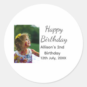Photo modern classic add name date happy birthday  round sticker