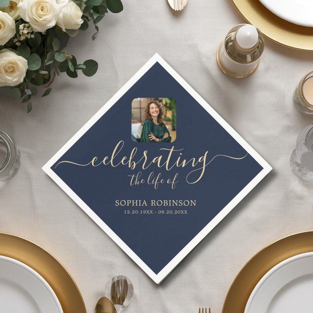  Photo Modern Elegant Gold Script Blue Funeral Napkin (Creator Uploaded)
