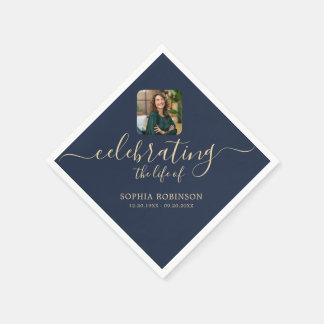  Photo Modern Elegant Gold Script Blue Funeral Napkin