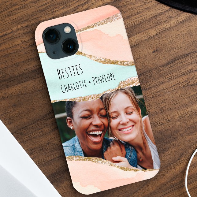 Photo Modern Glitter Orange Mint Aesthetic Besties Case-Mate iPhone Case (Creator Uploaded)