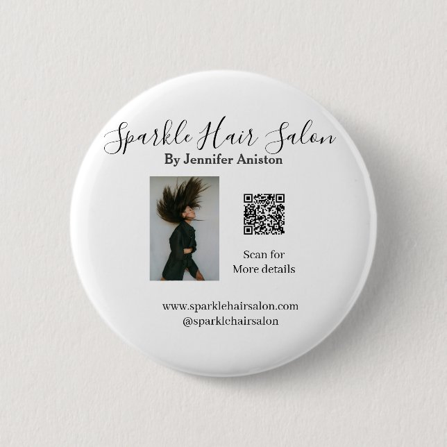 Photo modern hair salon small business QR code  6 Cm Round Badge (Front)