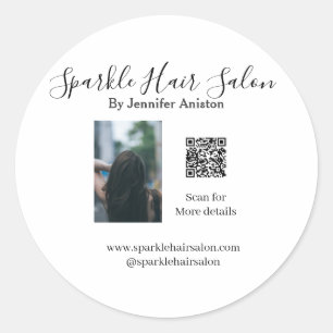 Photo modern hair salon small business QR code Classic Round Sticker