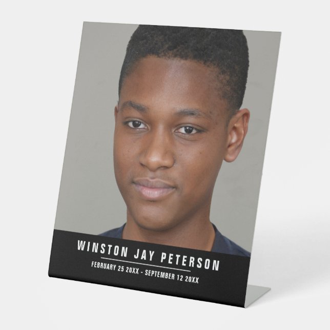 Photo modern memorial black white name and date pedestal sign (Front)