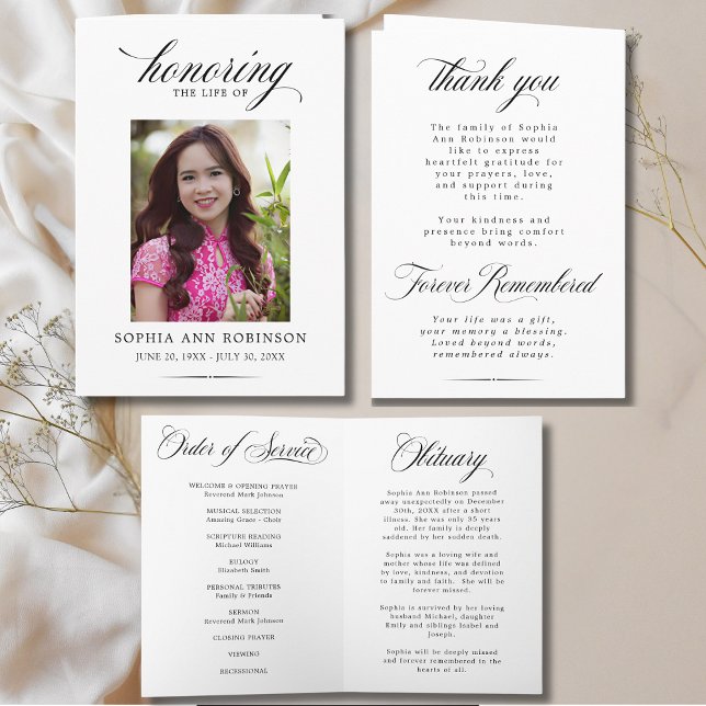 Photo Modern Memorial Order of Service Program  Card (FRONT,  INSIDE & BACK OF MEMORIAL PROGRAM  )