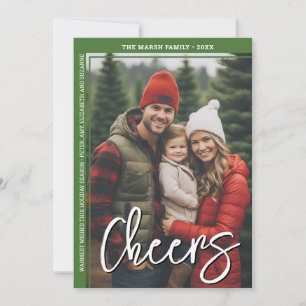 Photo Modern - Minimal Green Border Offset Cheers Holiday Card