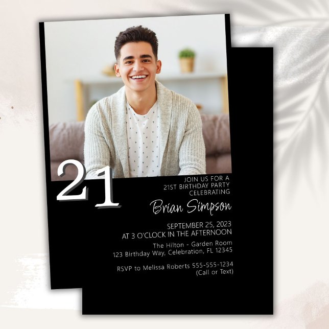 Photo Modern Minimalist Black 21st Birthday Invitation (Creator Uploaded)